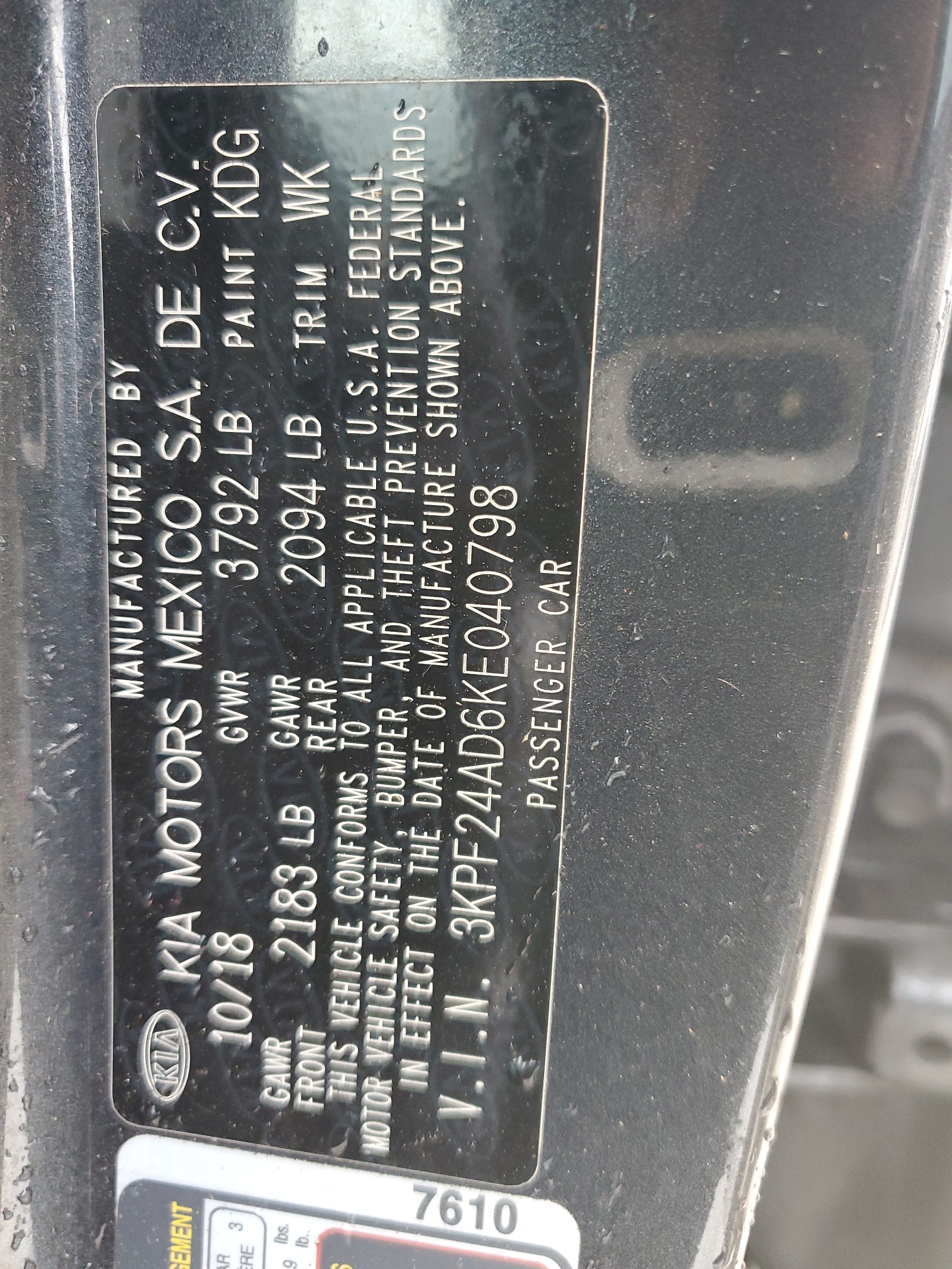 3KPF24AD6KE040798 2019 Kia Forte Fe