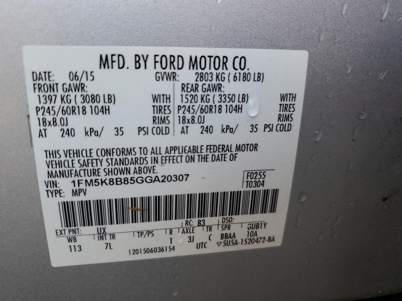 2016 Ford Explorer VIN: 1FM5K8B85GGA20307 Lot: 59858174