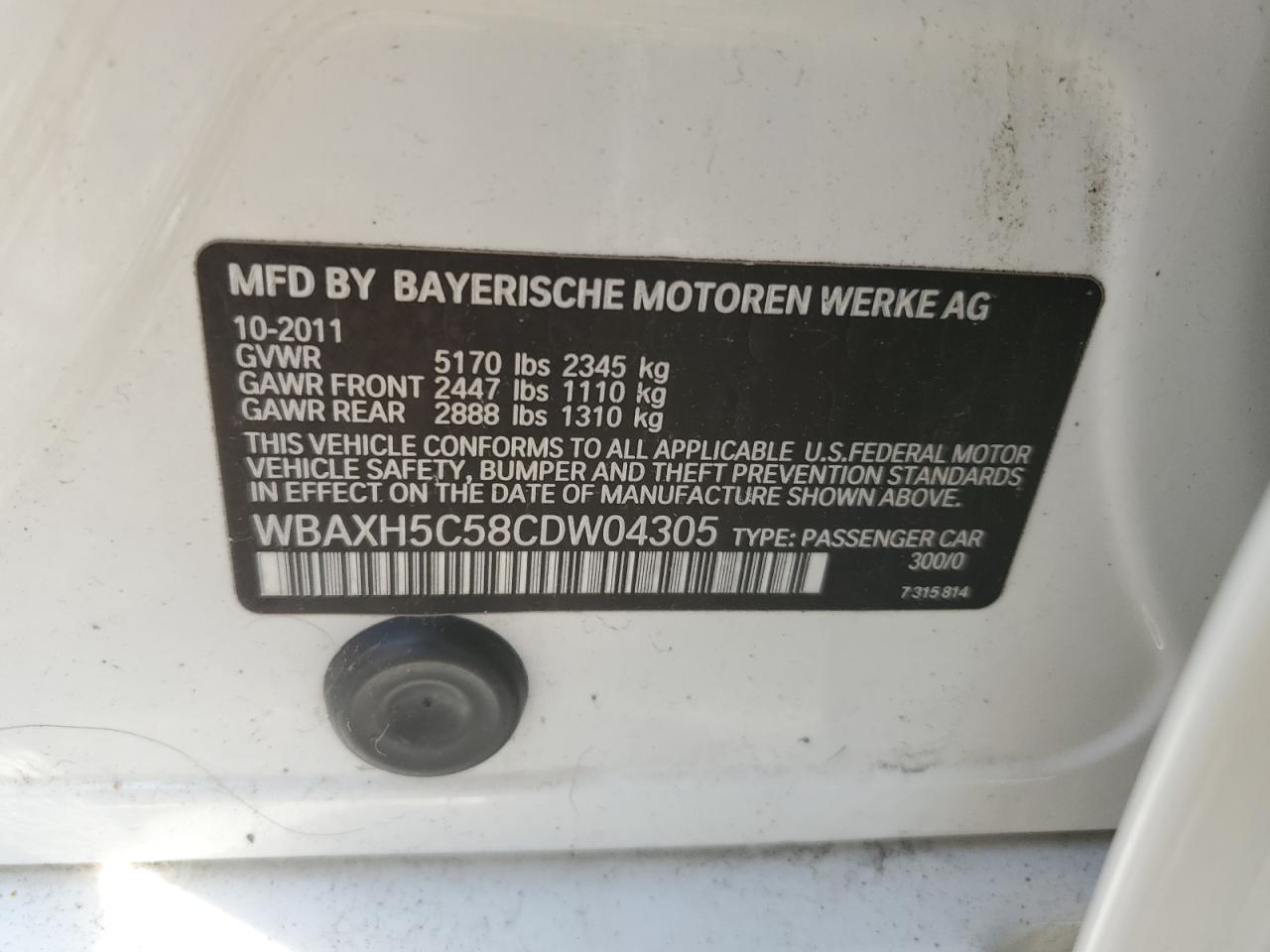 2012 BMW 528 Xi VIN: WBAXH5C58CDW04305 Lot: 59049774