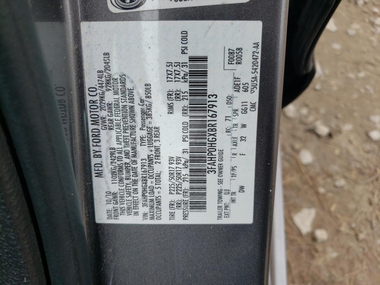 2011 Ford Fusion Se VIN: 3FAHP0HGXBR167913 Lot: 59051354