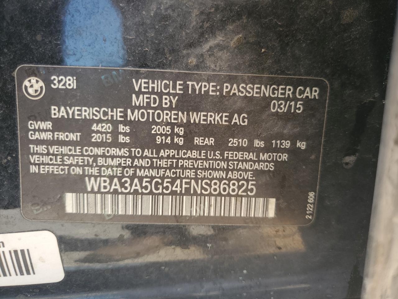 2015 BMW 328 I VIN: WBA3A5G54FNS86825 Lot: 60484794