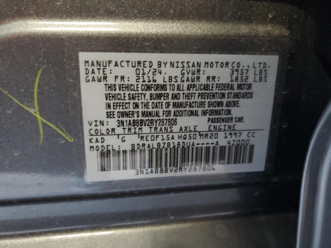 3N1AB8BV2RY287806 Nissan Sentra S 12