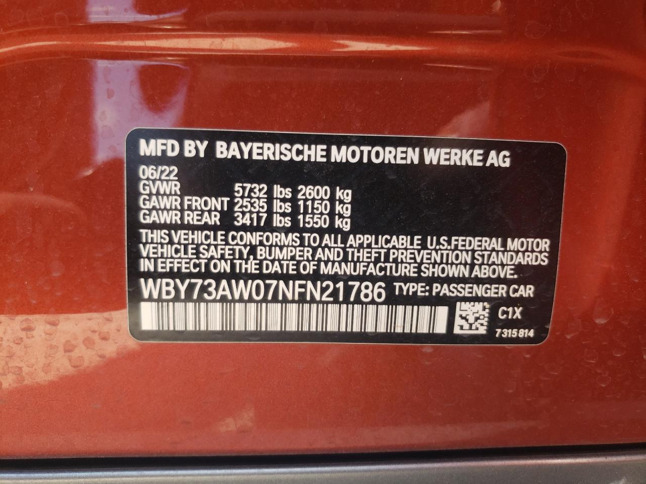 WBY73AW07NFN21786 2022 BMW I4 Edrive 40