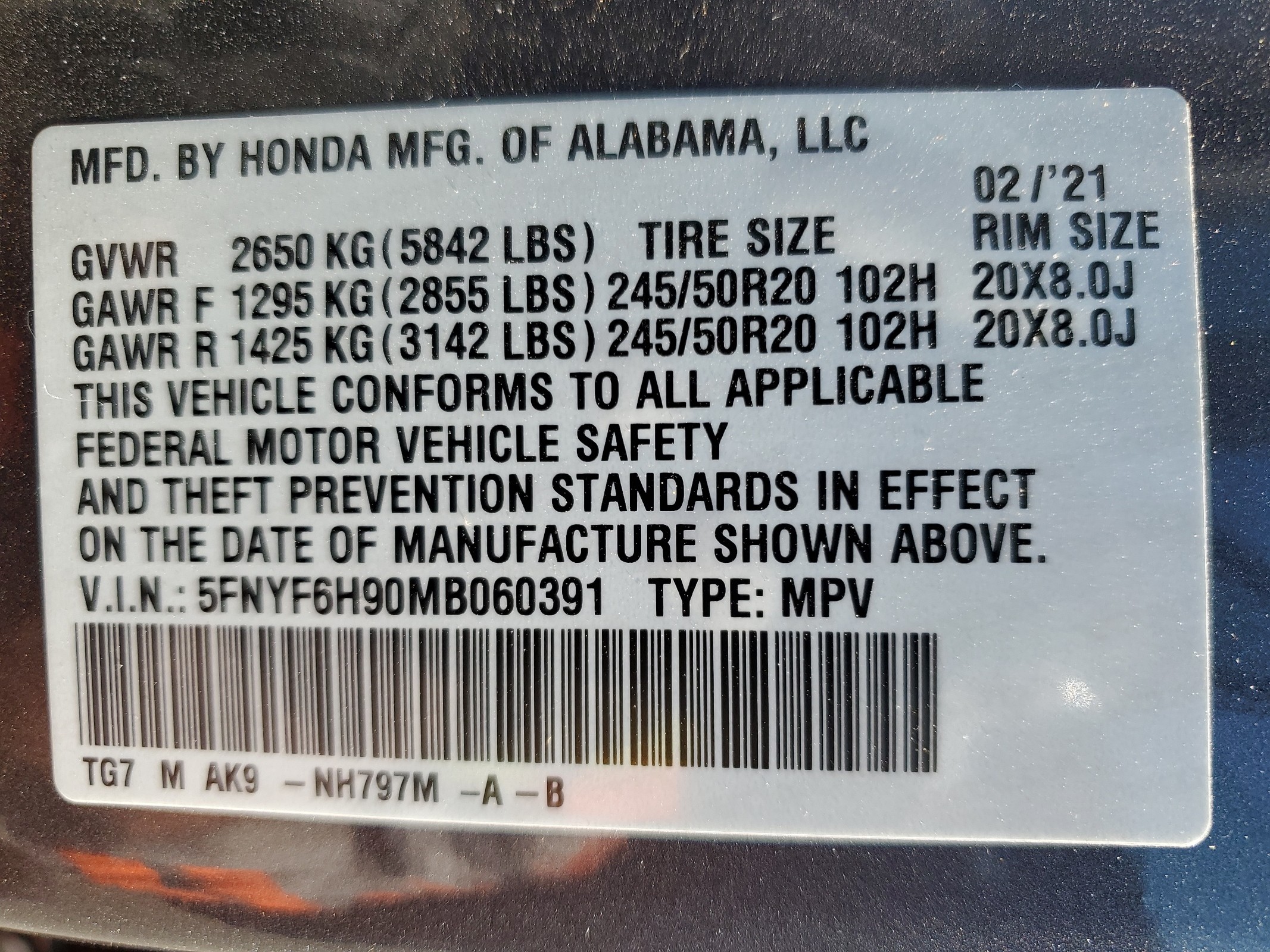 5FNYF6H90MB060391 2021 Honda Pilot Touring