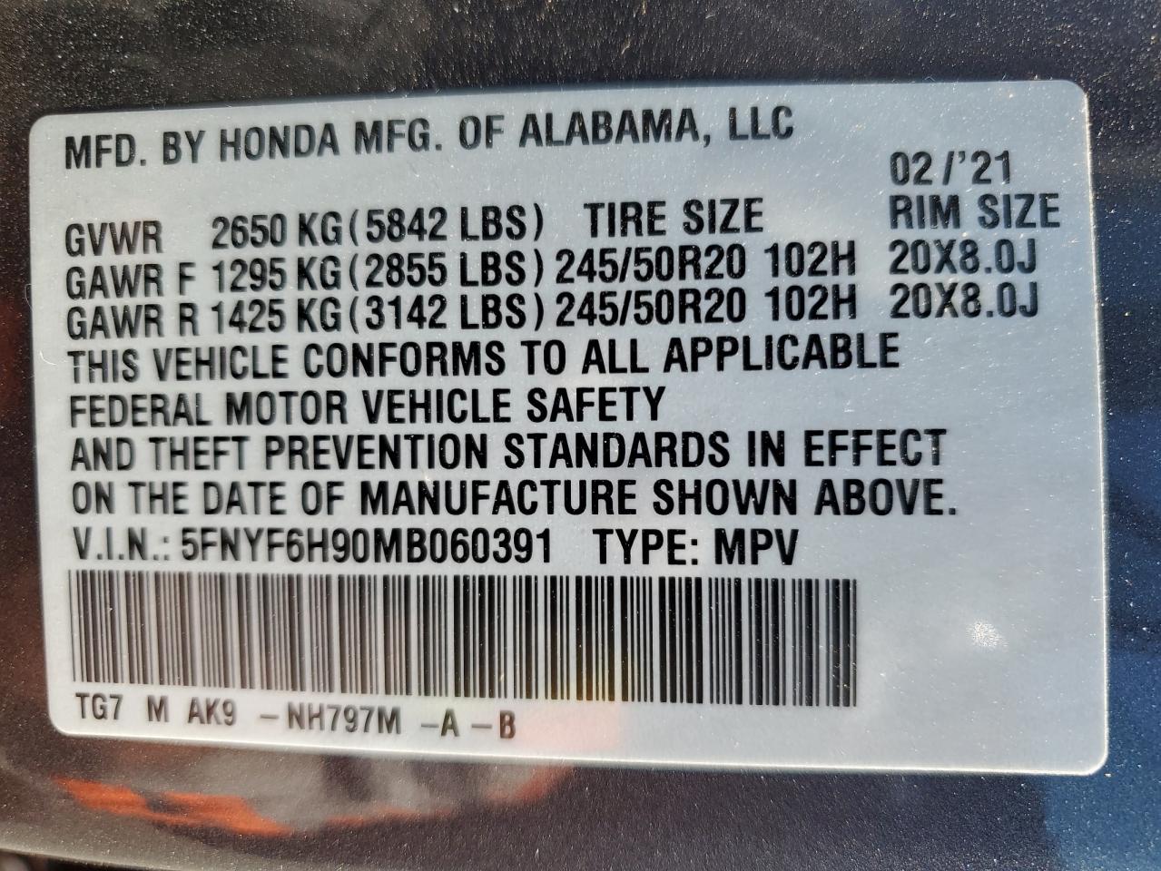 2021 Honda Pilot Touring VIN: 5FNYF6H90MB060391 Lot: 59552054