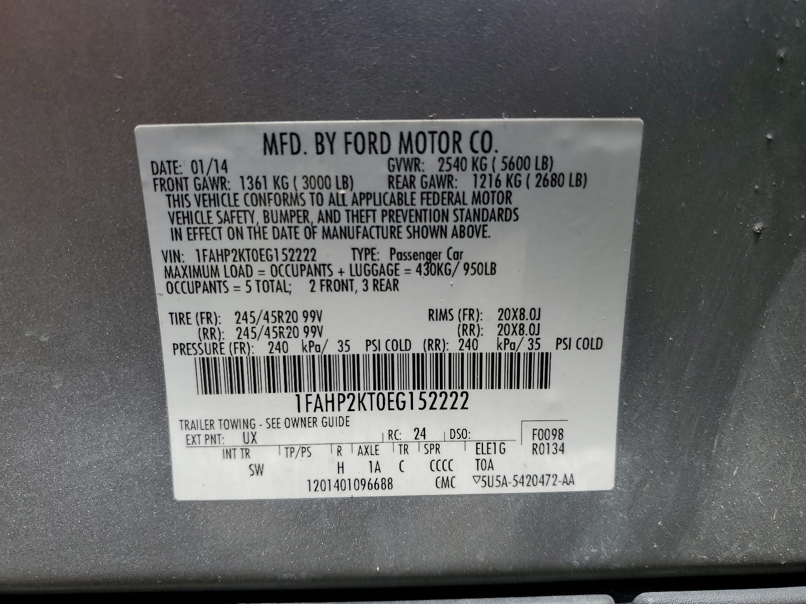 1FAHP2KT0EG152222 2014 Ford Taurus Sho