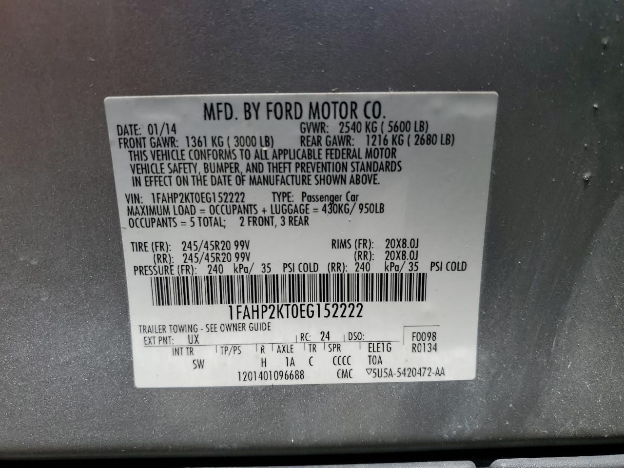 2014 Ford Taurus Sho VIN: 1FAHP2KT0EG152222 Lot: 58295094