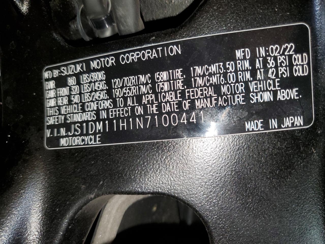 2022 Suzuki Gsx-R1000 R VIN: JS1DM11H1N7100441 Lot: 58894704