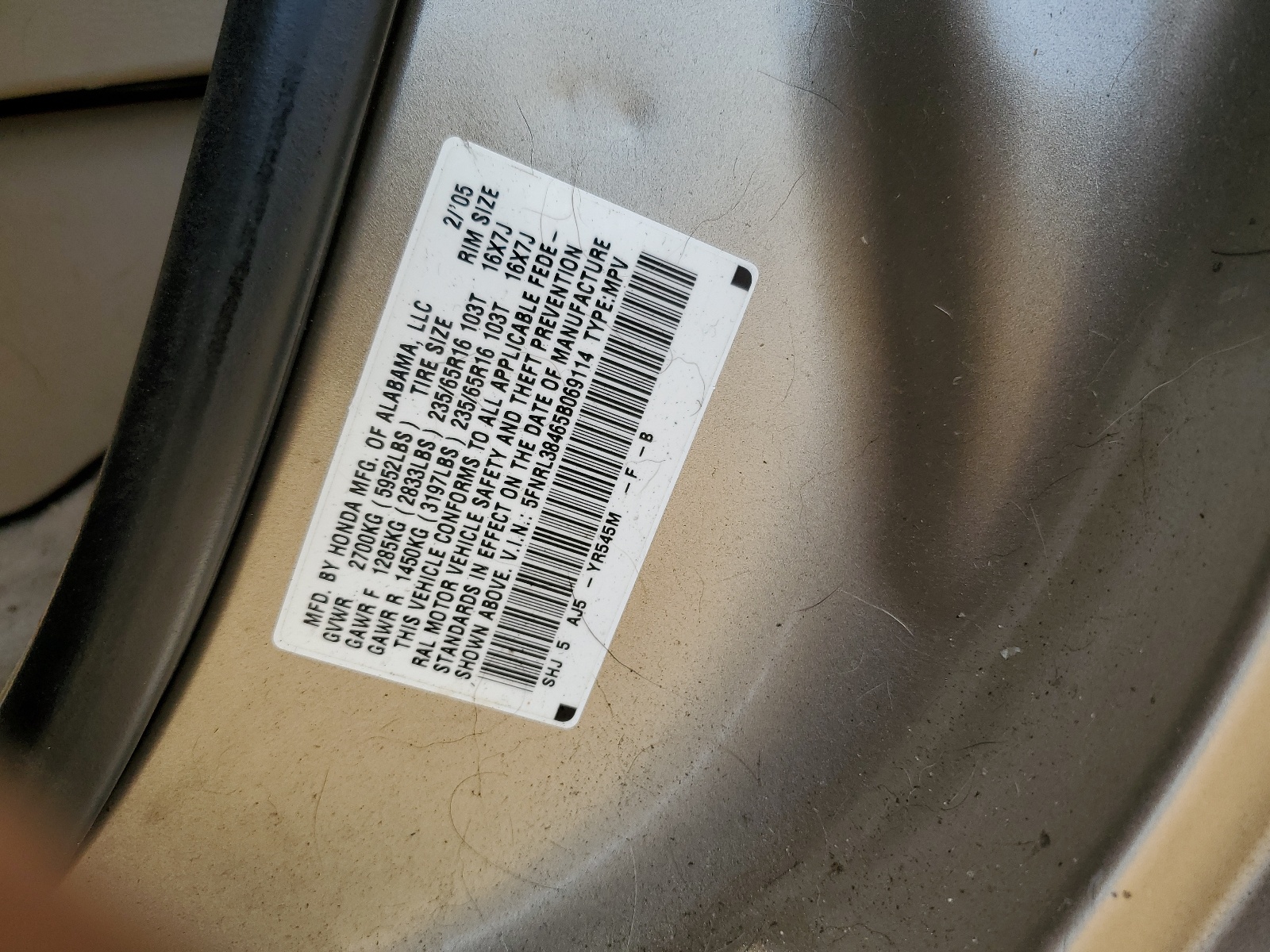 5FNRL38465B069114 2005 Honda Odyssey Ex