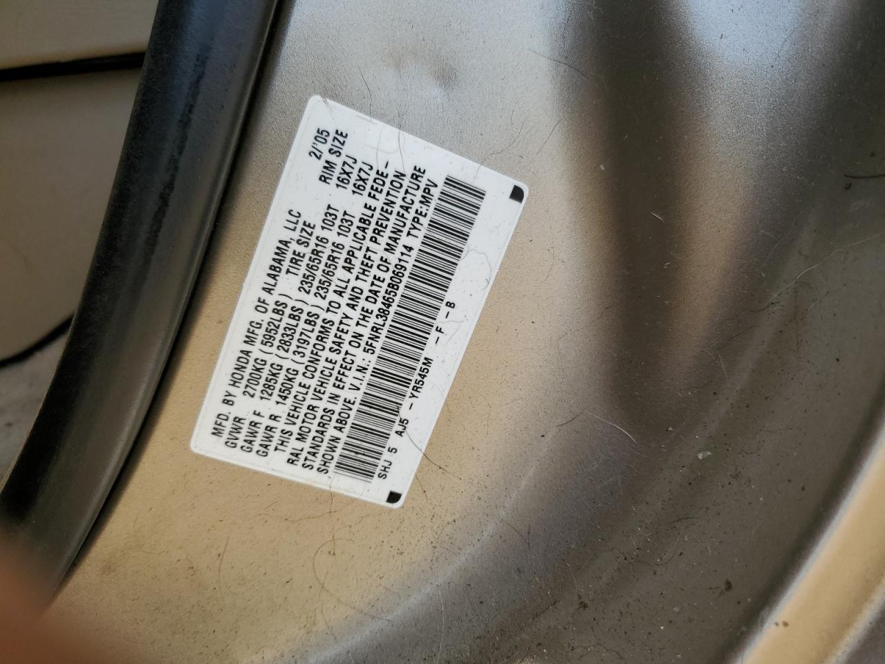 2005 Honda Odyssey Ex VIN: 5FNRL38465B069114 Lot: 58908454