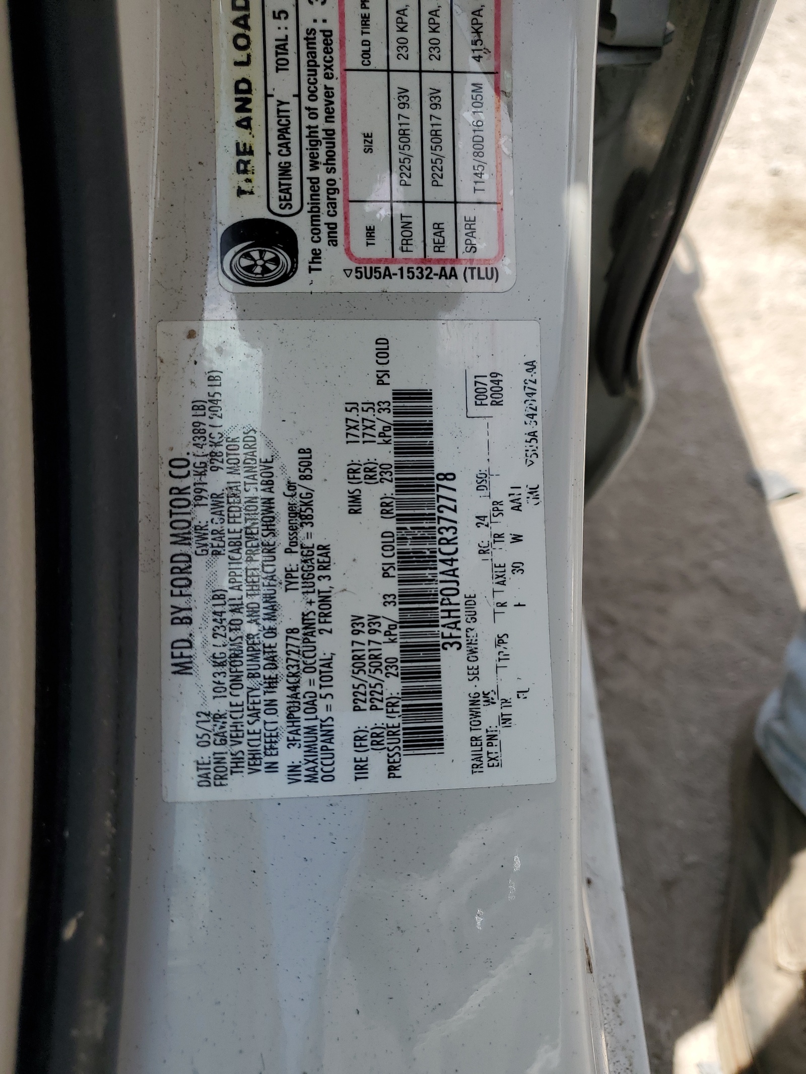 3FAHP0JA4CR372778 2012 Ford Fusion Sel