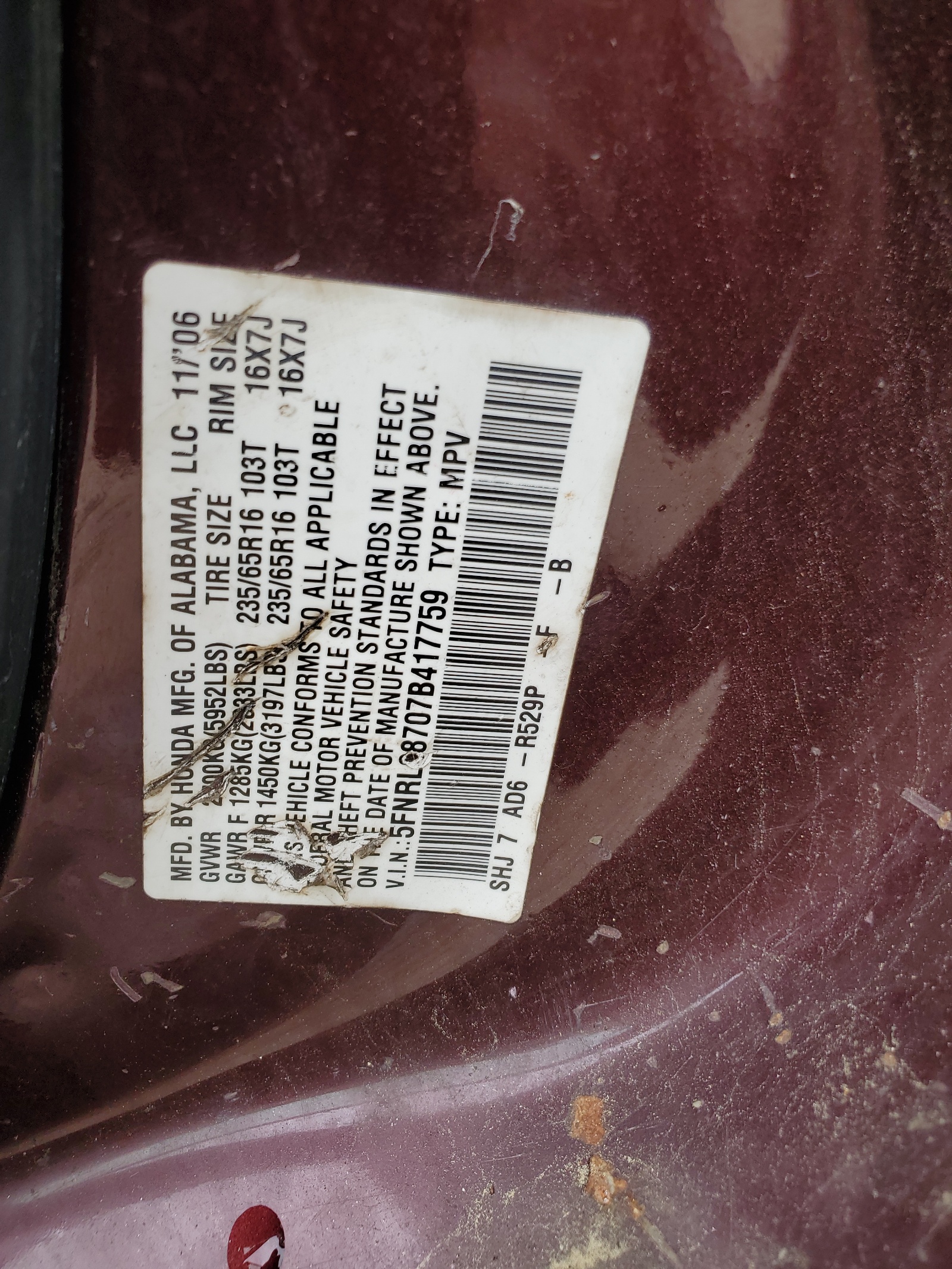 5FNRL38707B417759 2007 Honda Odyssey Exl