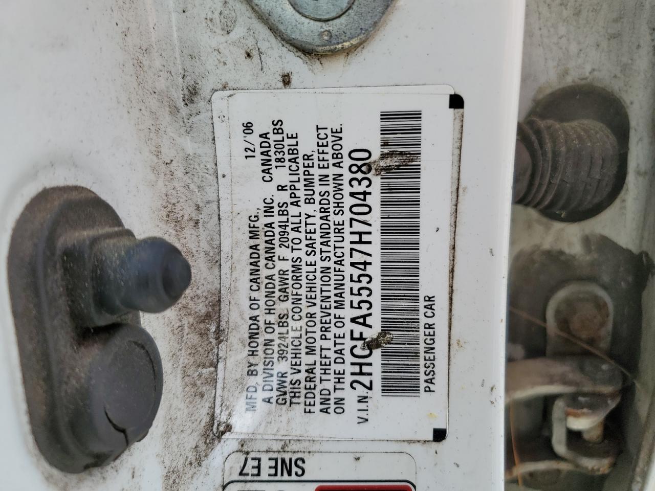 2007 Honda Civic Si VIN: 2HGFA55547H704380 Lot: 59903564