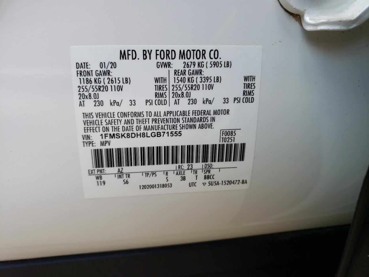 2020 Ford Explorer Xlt VIN: 1FMSK8DH8LGB71555 Lot: 59486474