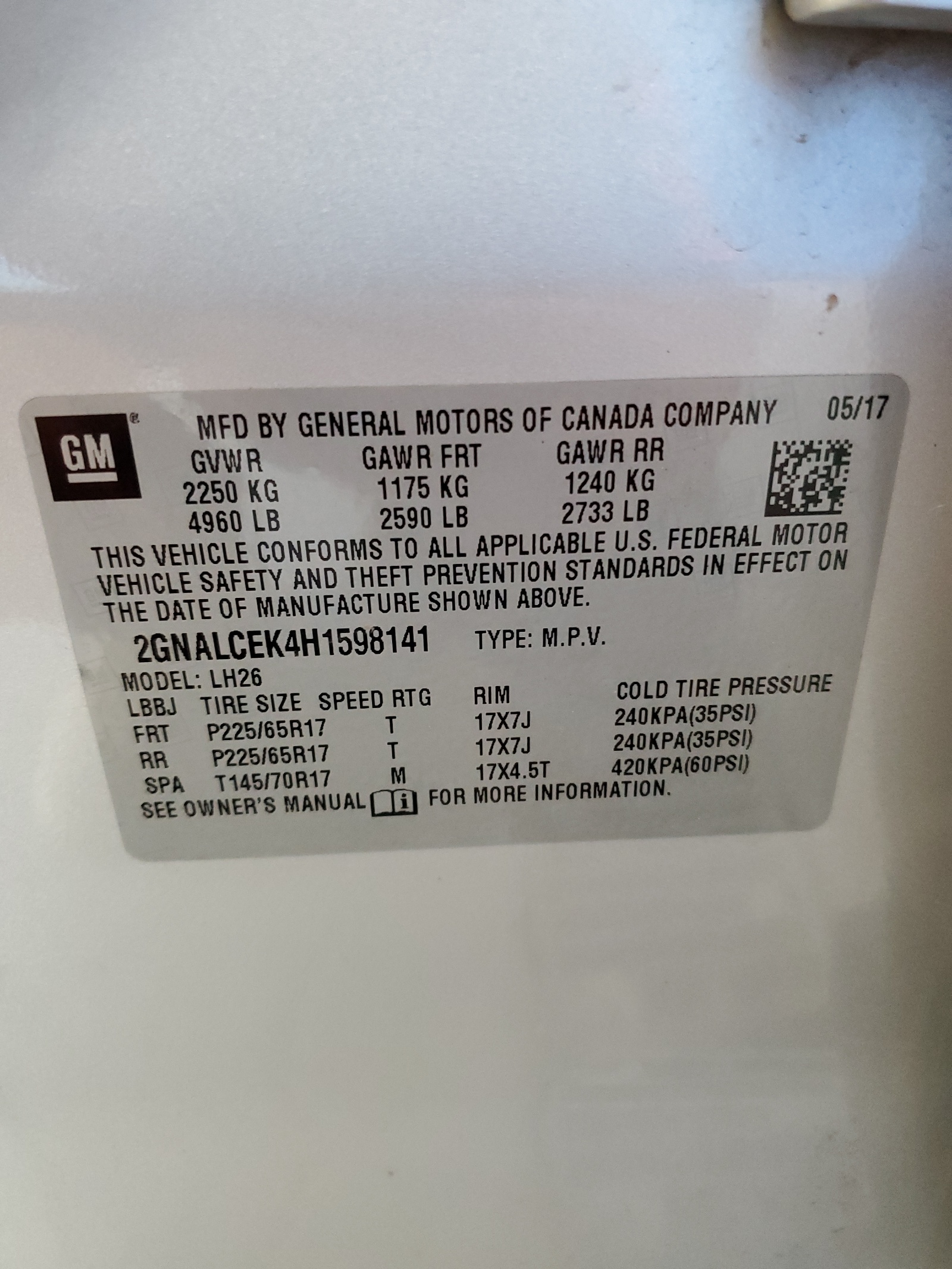 2GNALCEK4H1598141 2017 Chevrolet Equinox Lt