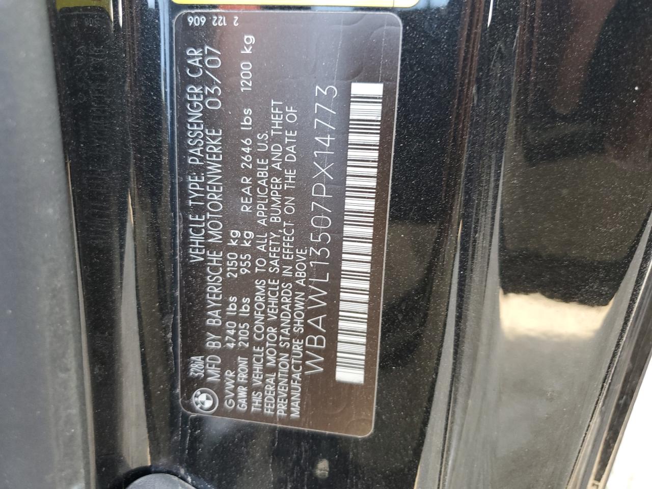 2007 BMW 328 I VIN: WBAWL13507PX14773 Lot: 59786044