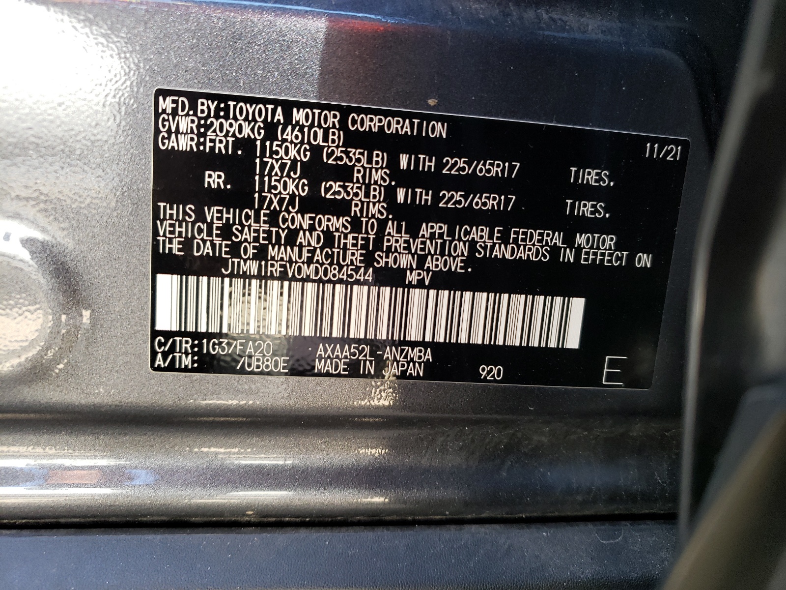 JTMW1RFV0MD084544 2021 Toyota Rav4 Xle