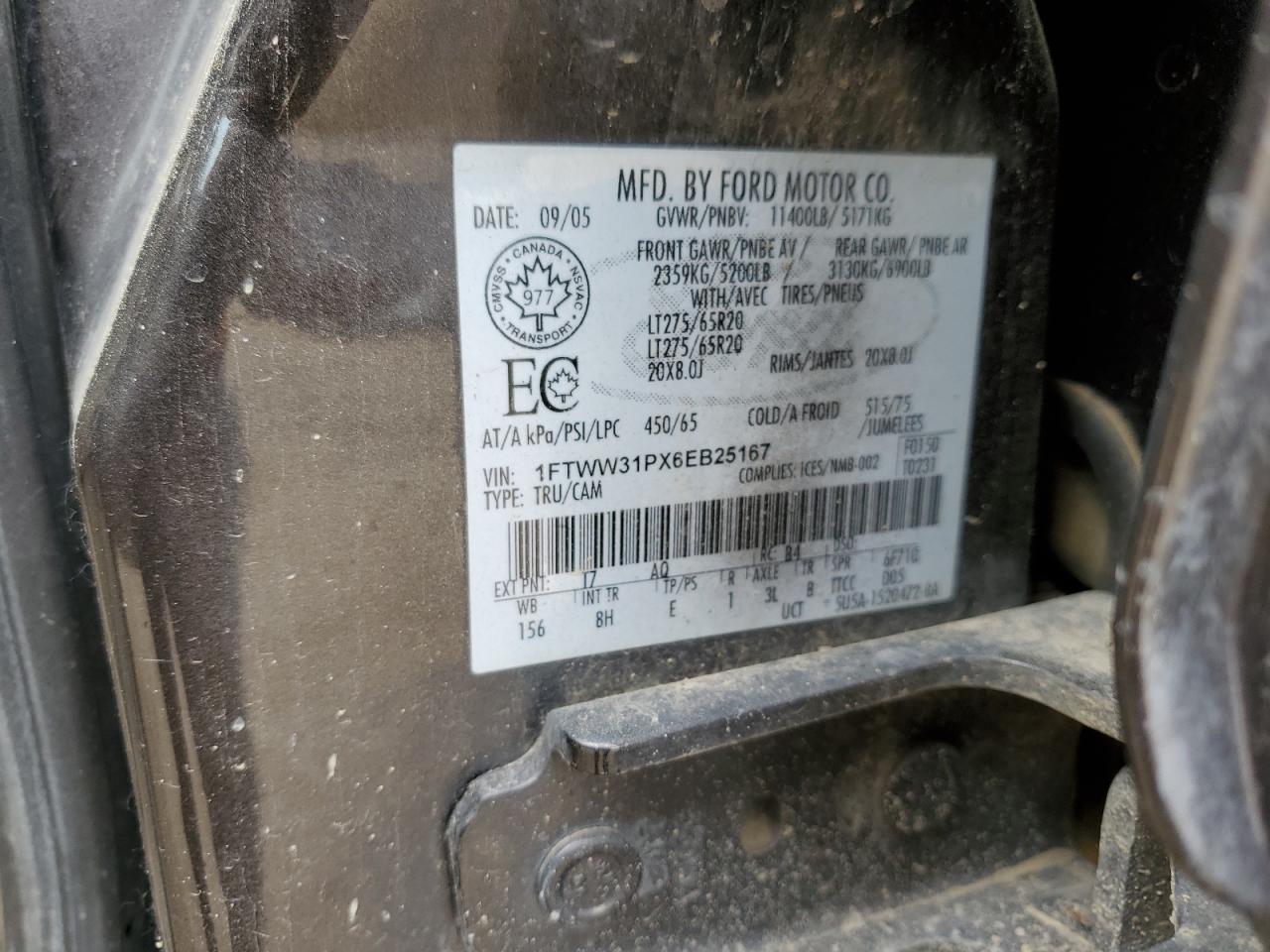 2006 Ford F350 Srw Super Duty VIN: 1FTWW31PX6EB25167 Lot: 60259874