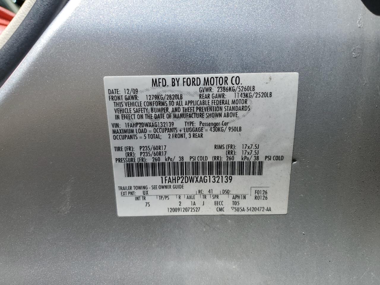 2010 Ford Taurus Se VIN: 1FAHP2DWXAG132139 Lot: 60478434