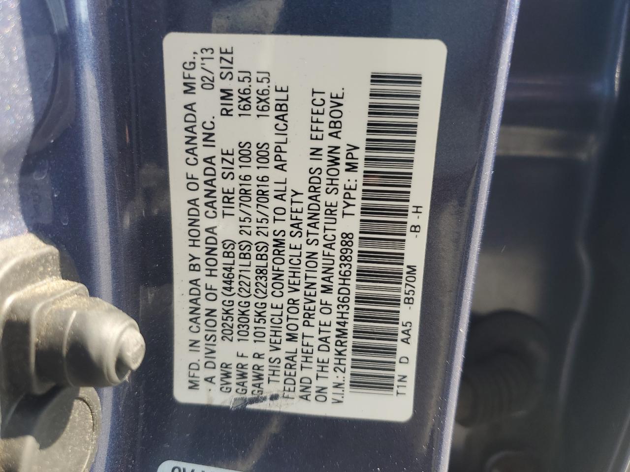 2013 Honda Cr-V Lx VIN: 2HKRM4H36DH638988 Lot: 57622294