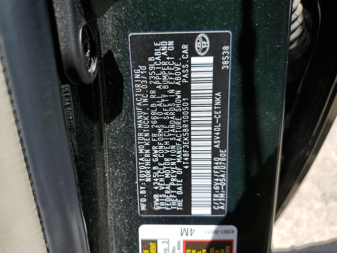 4T4BF3EK5BR100501 2011 Toyota Camry Base