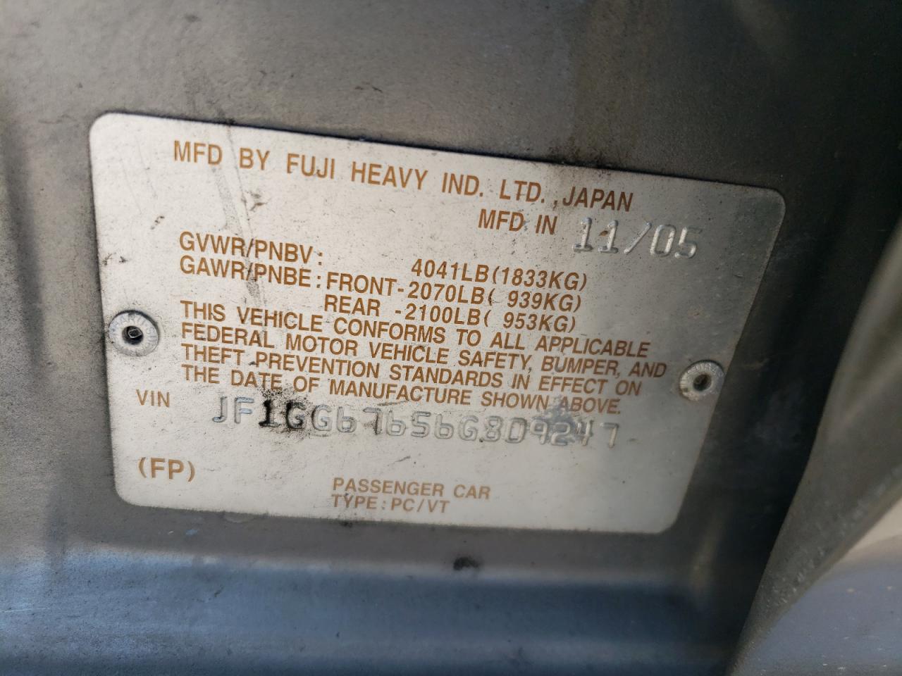 2006 Subaru Impreza 2.5I Sports Wagon VIN: JF1GG67656G809247 Lot: 59254274