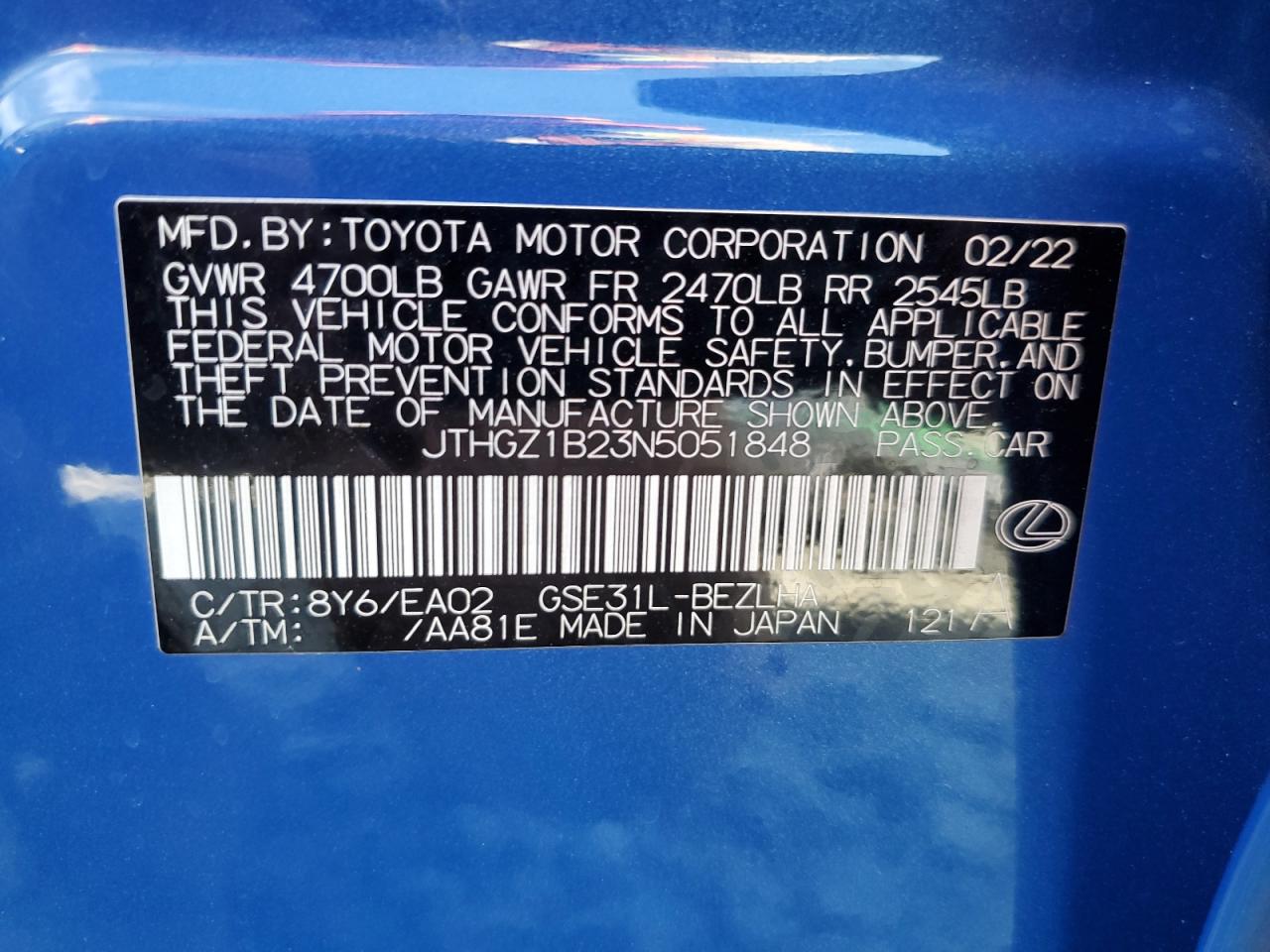 2022 Lexus Is 350 F-Sport VIN: JTHGZ1B23N5051848 Lot: 59847244