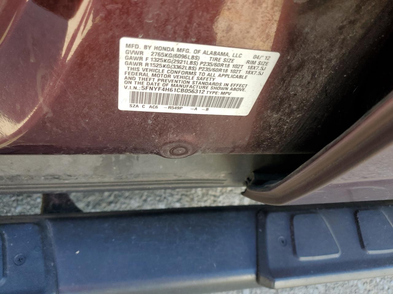 2012 Honda Pilot Exl VIN: 5FNYF4H61CB056312 Lot: 58567544