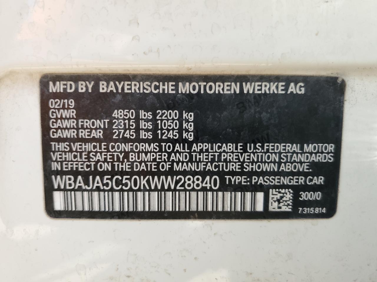 WBAJA5C50KWW28840 2019 BMW 530 I