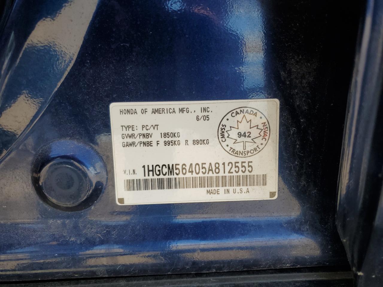 2005 Honda Accord Lx VIN: 1HGCM56405A812555 Lot: 61056064