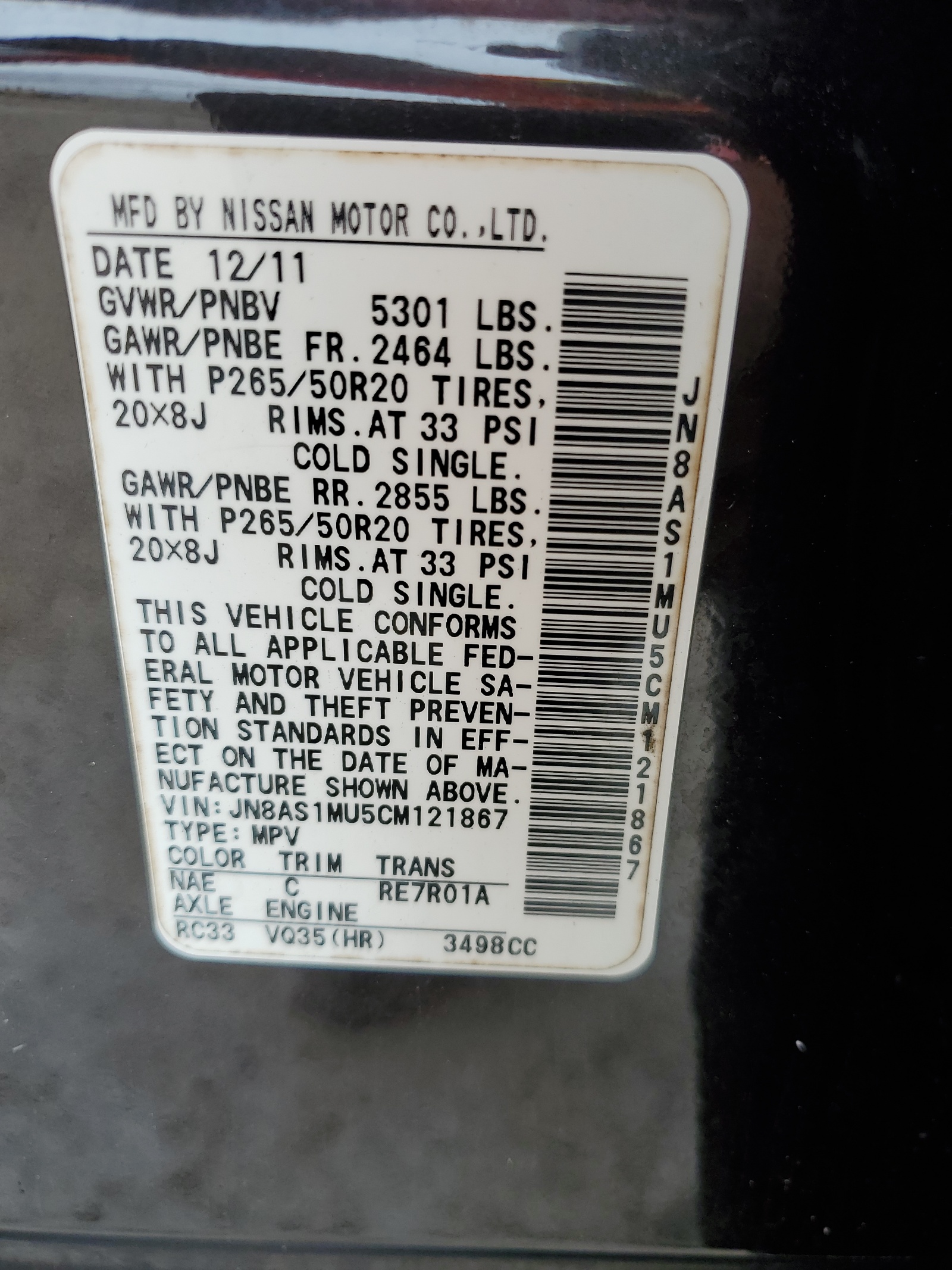 JN8AS1MU5CM121867 2012 Infiniti Fx35