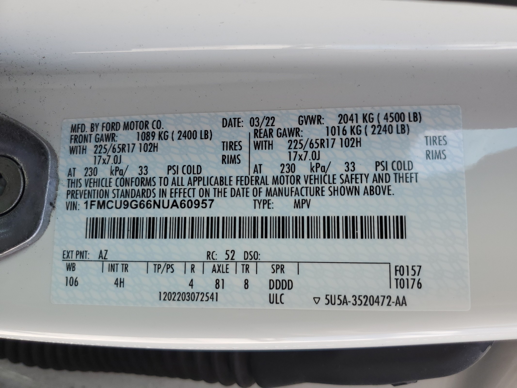 1FMCU9G66NUA60957 2022 Ford Escape Se