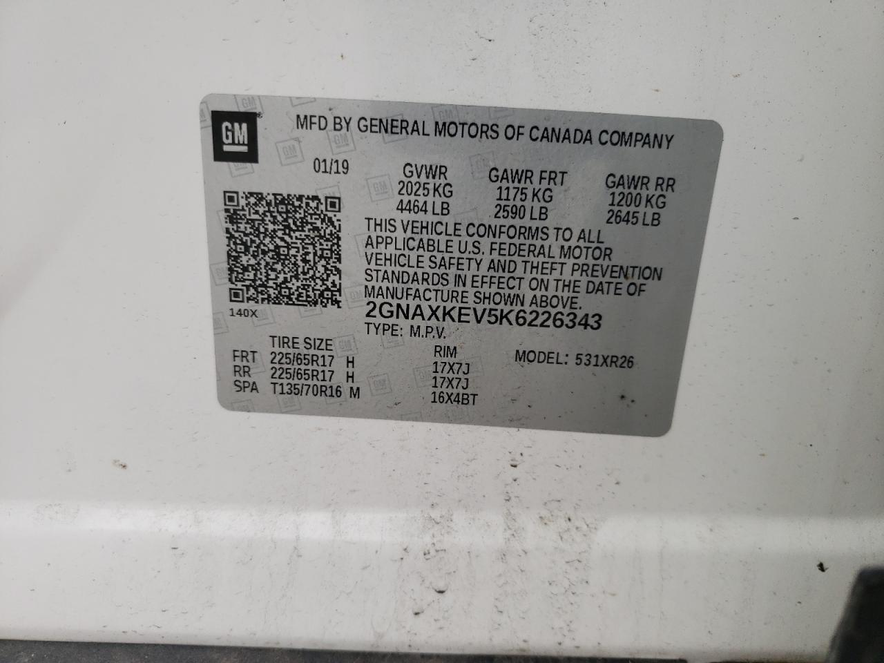 2GNAXKEV5K6226343 2019 Chevrolet Equinox Lt