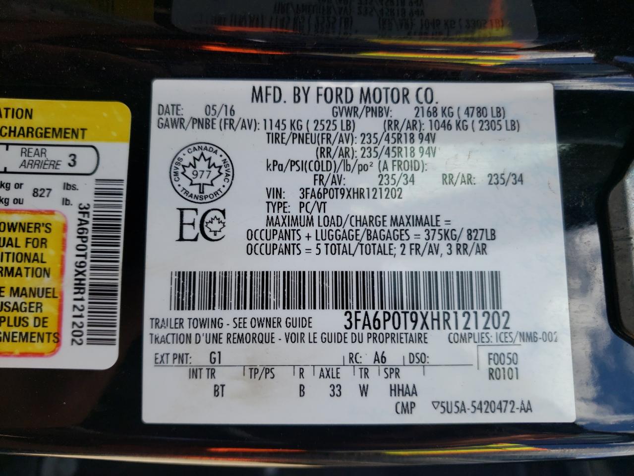 2017 Ford Fusion Se VIN: 3FA6P0T9XHR121202 Lot: 59286224