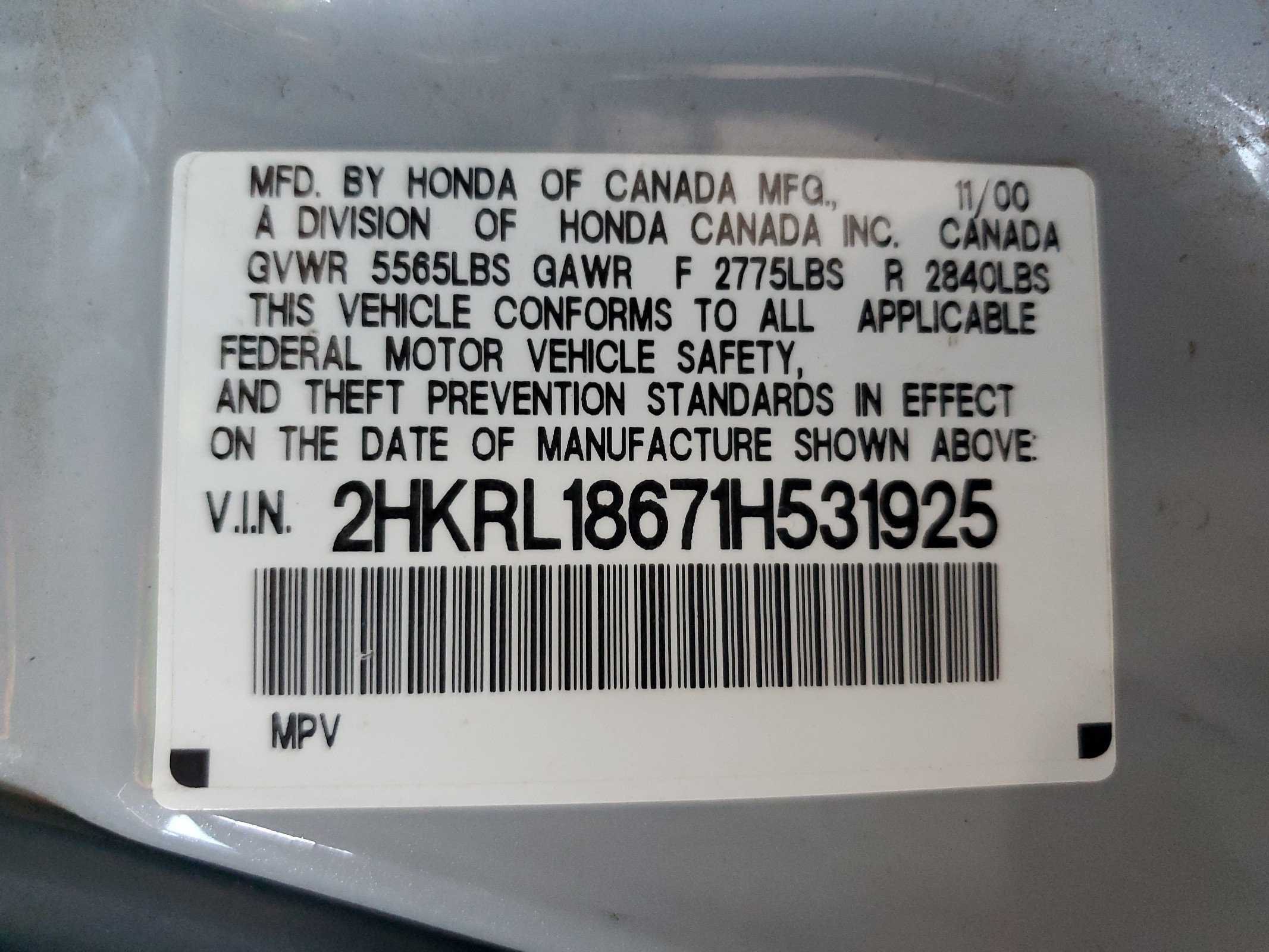 2HKRL18671H531925 2001 Honda Odyssey Ex