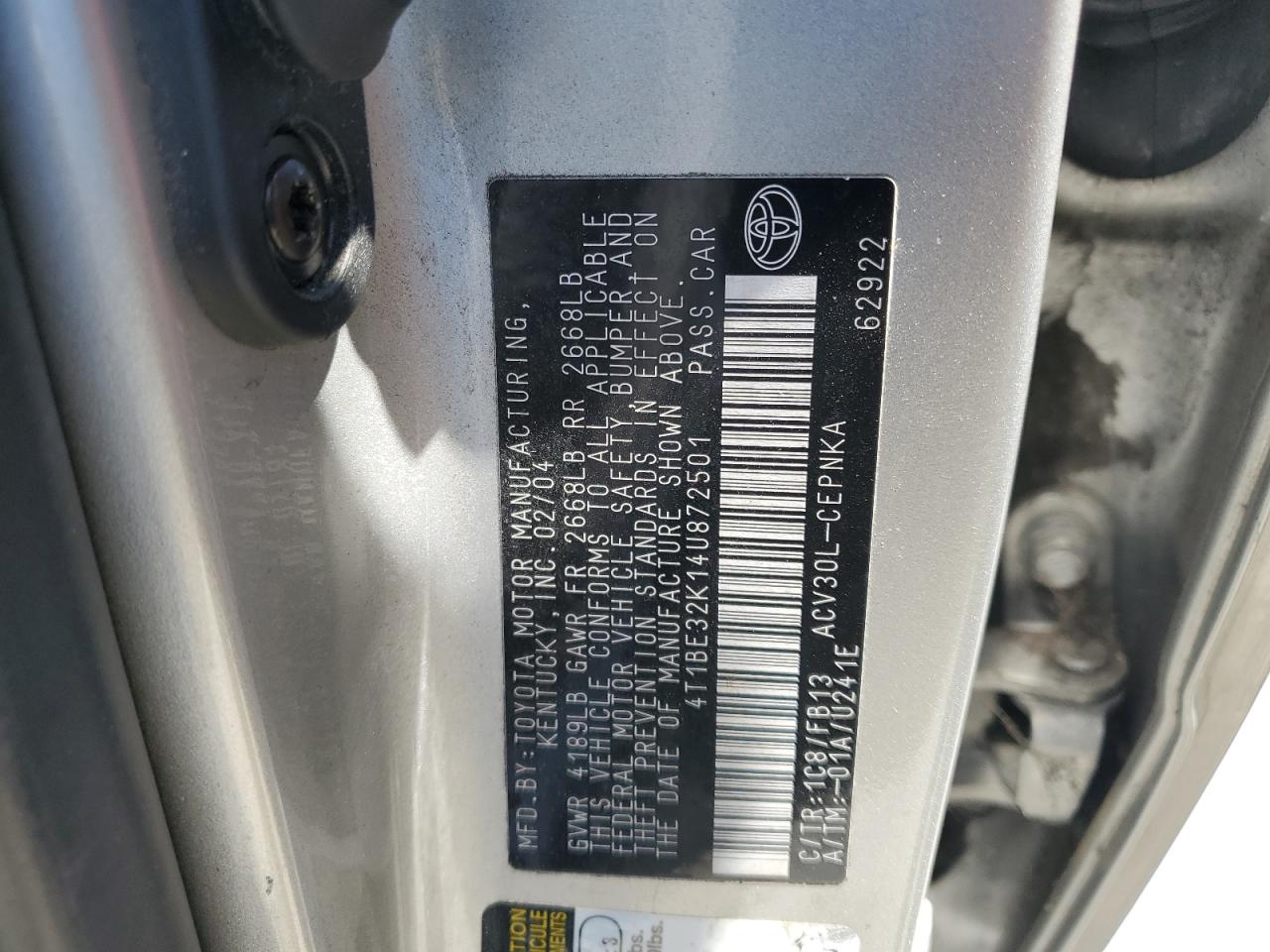 2004 Toyota Camry Le VIN: 4T1BE32K14U872501 Lot: 59309644