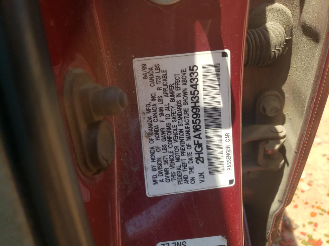 2009 Honda Civic Lx VIN: 2HGFA16599H354335 Lot: 58040734