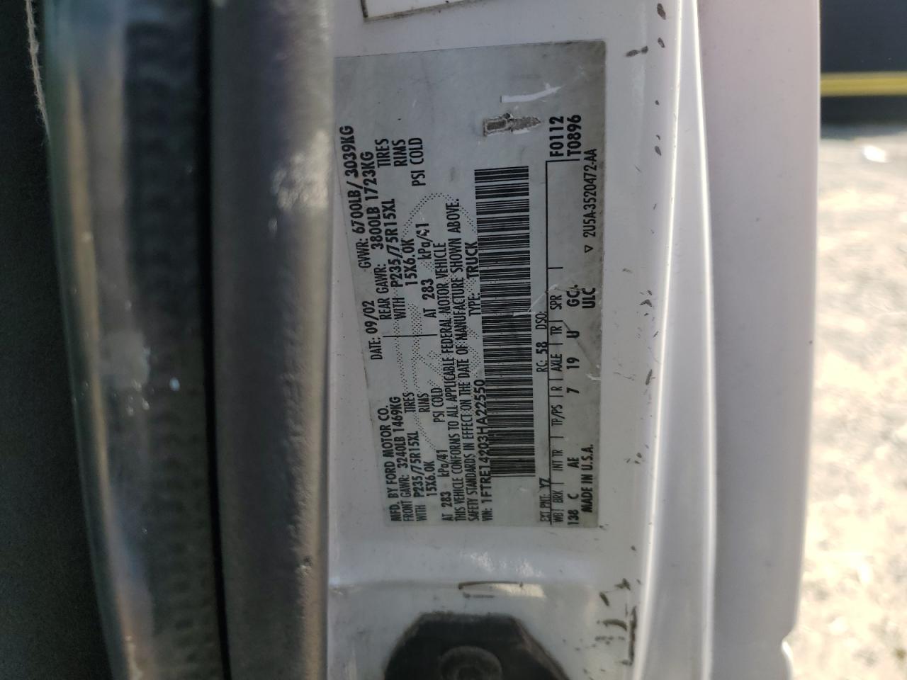 2003 Ford Econoline E150 Van VIN: 1FTRE14203HA22550 Lot: 61059204