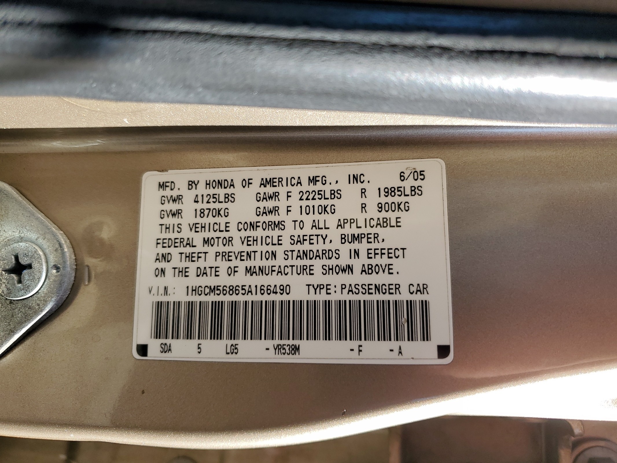 1HGCM56865A166490 2005 Honda Accord Ex