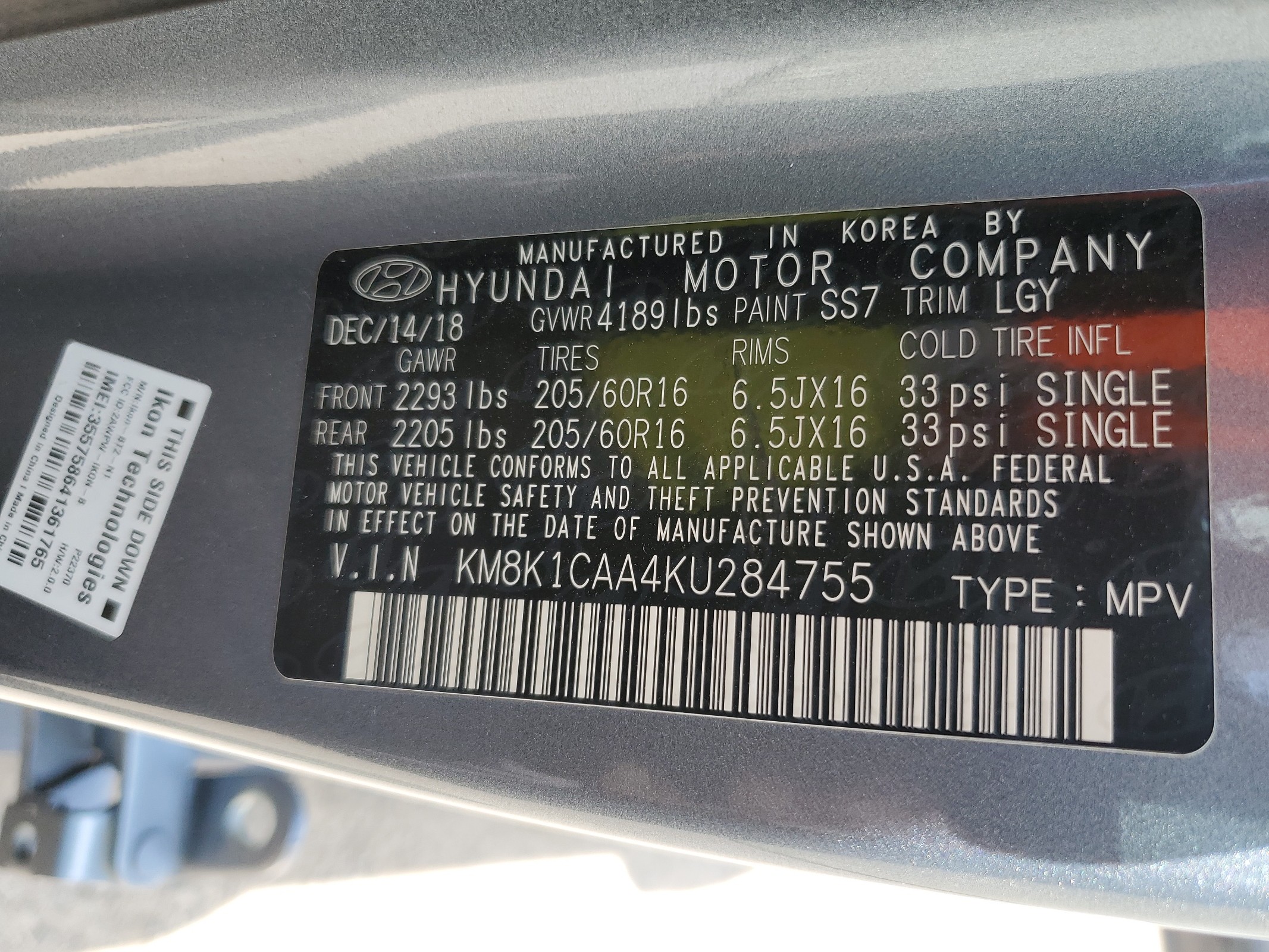 KM8K1CAA4KU284755 2019 Hyundai Kona Se