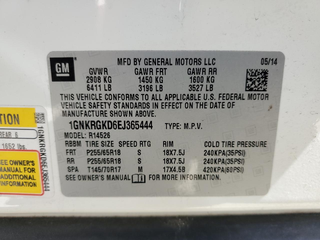 2014 Chevrolet Traverse Lt VIN: 1GNKRGKD6EJ365444 Lot: 58666464