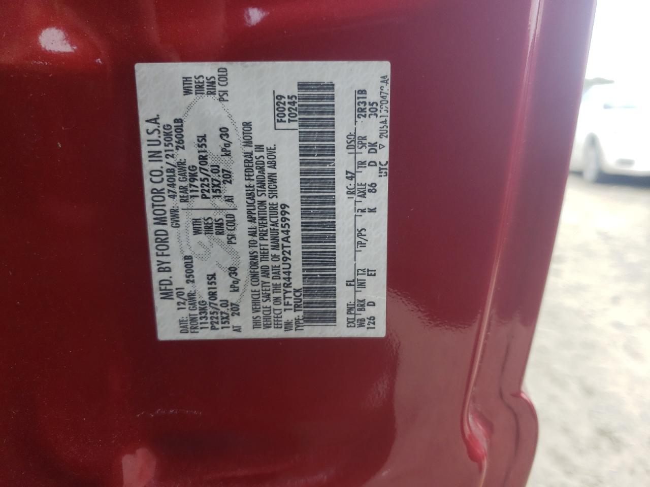 2002 Ford Ranger Super Cab VIN: 1FTYR44U92TA45999 Lot: 59419634