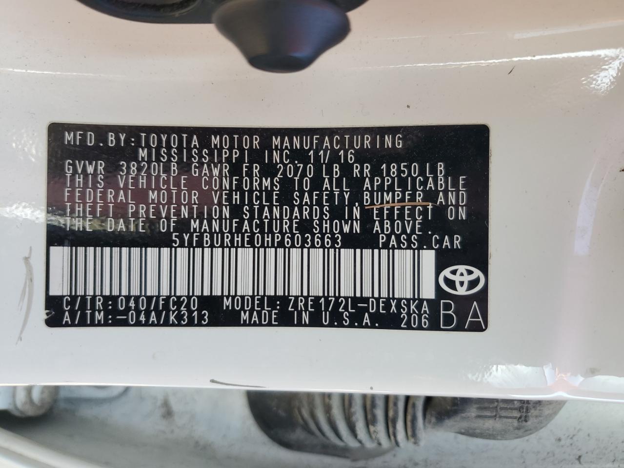 5YFBURHE0HP603663 2017 Toyota Corolla L