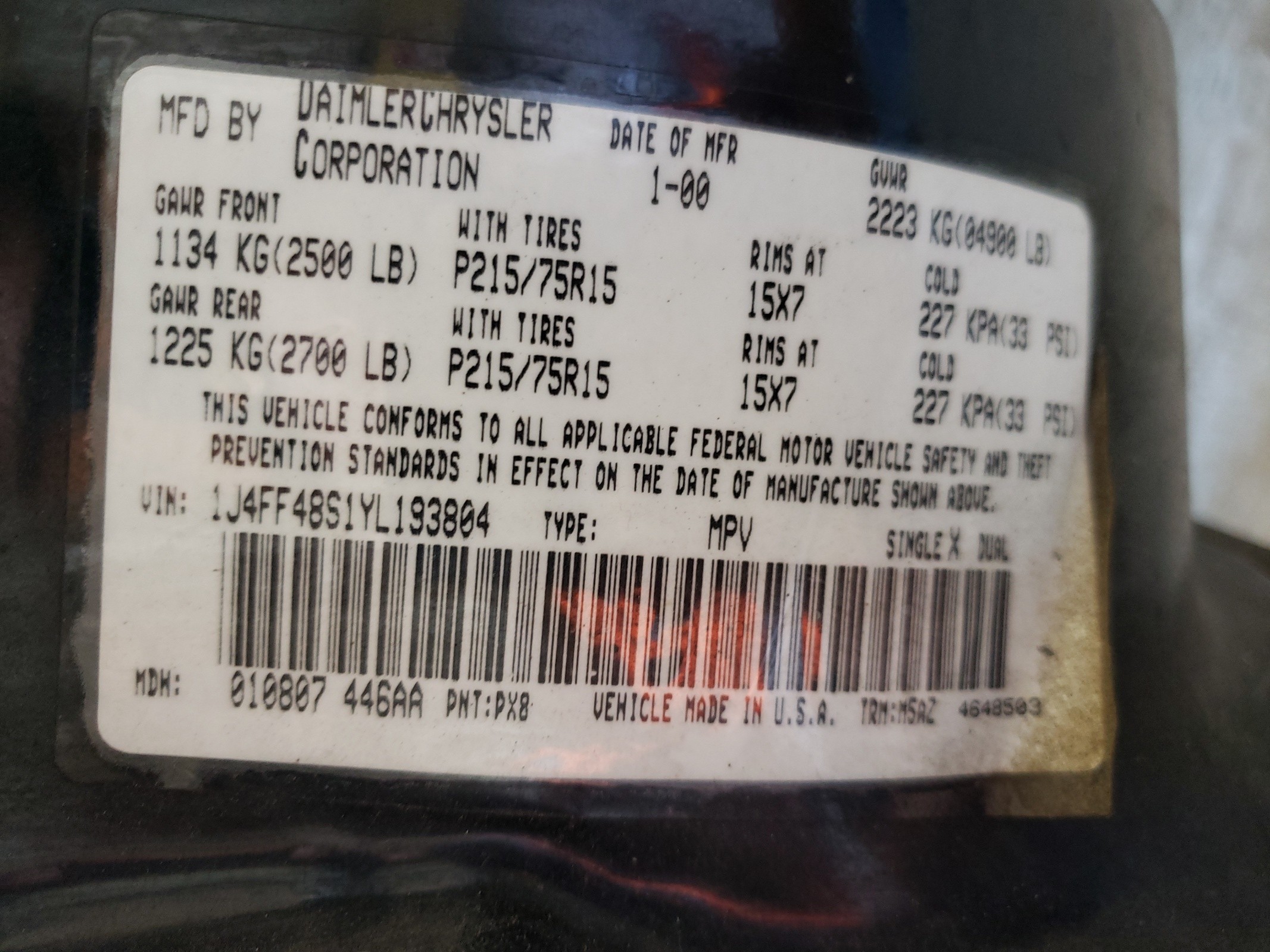 1J4FF48S1YL193804 2000 Jeep Cherokee Sport