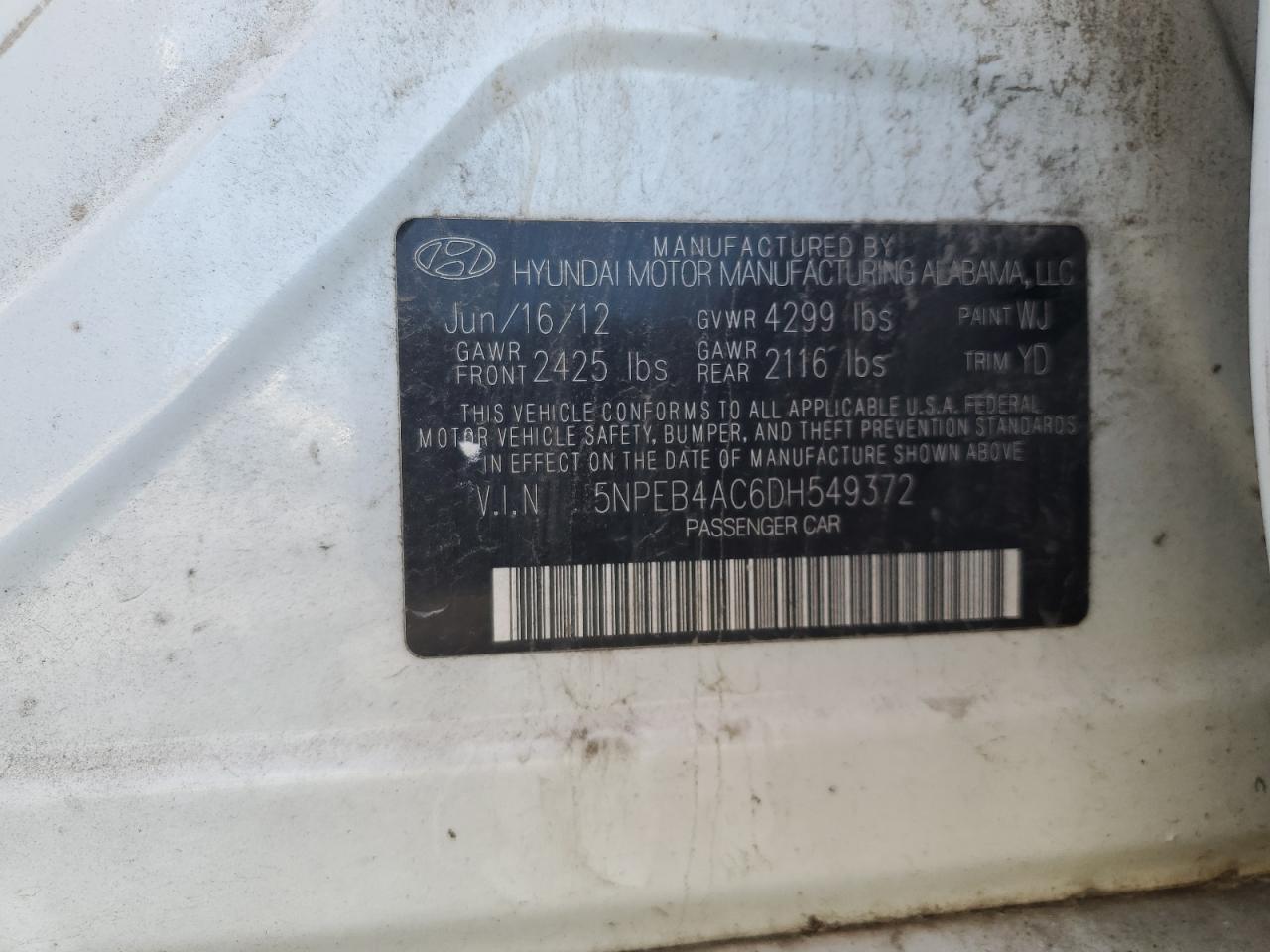 2013 Hyundai Sonata Gls VIN: 5NPEB4AC6DH549372 Lot: 59094294