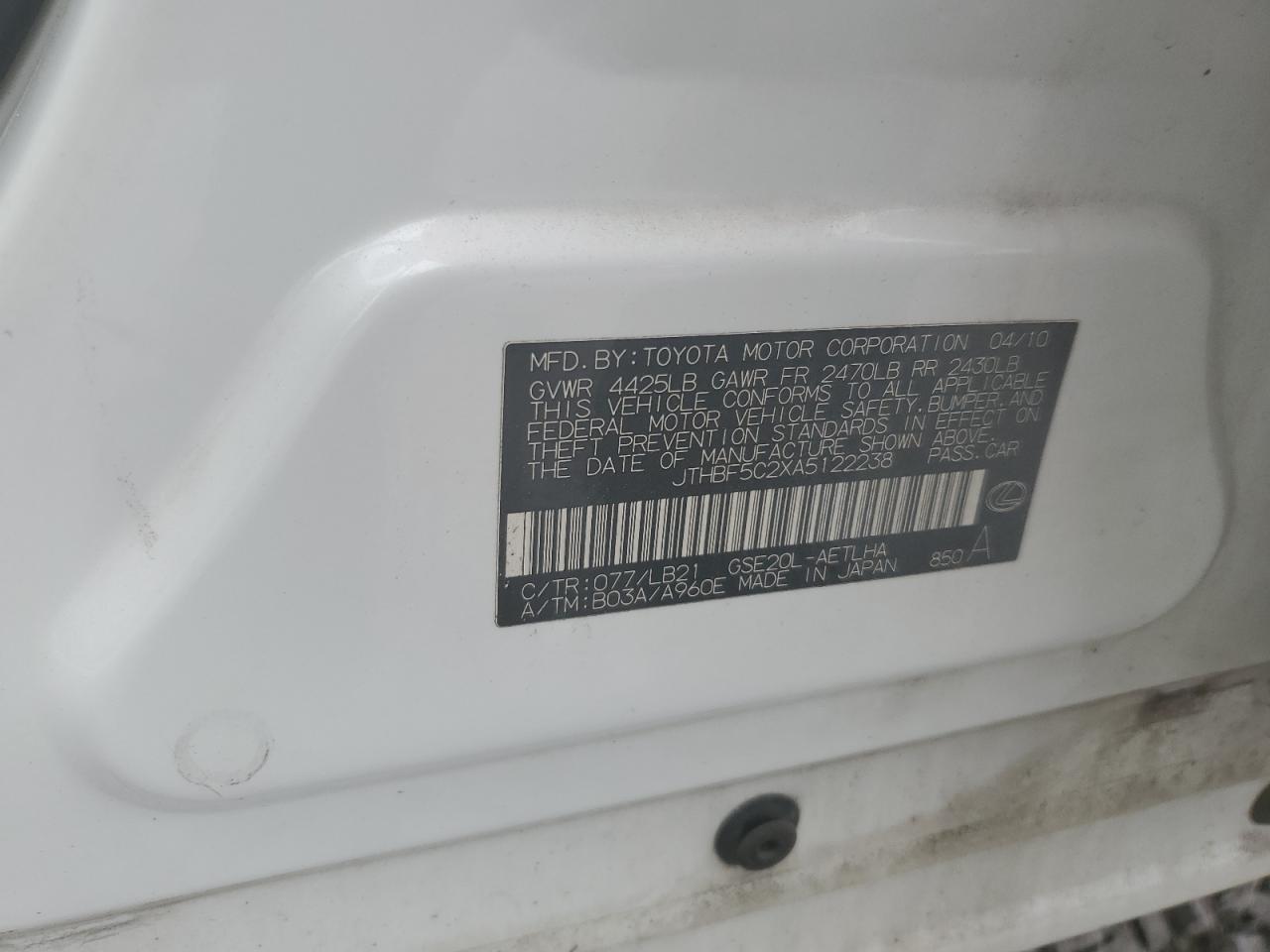 2010 Lexus Is 250 VIN: JTHBF5C2XA5122238 Lot: 60124364