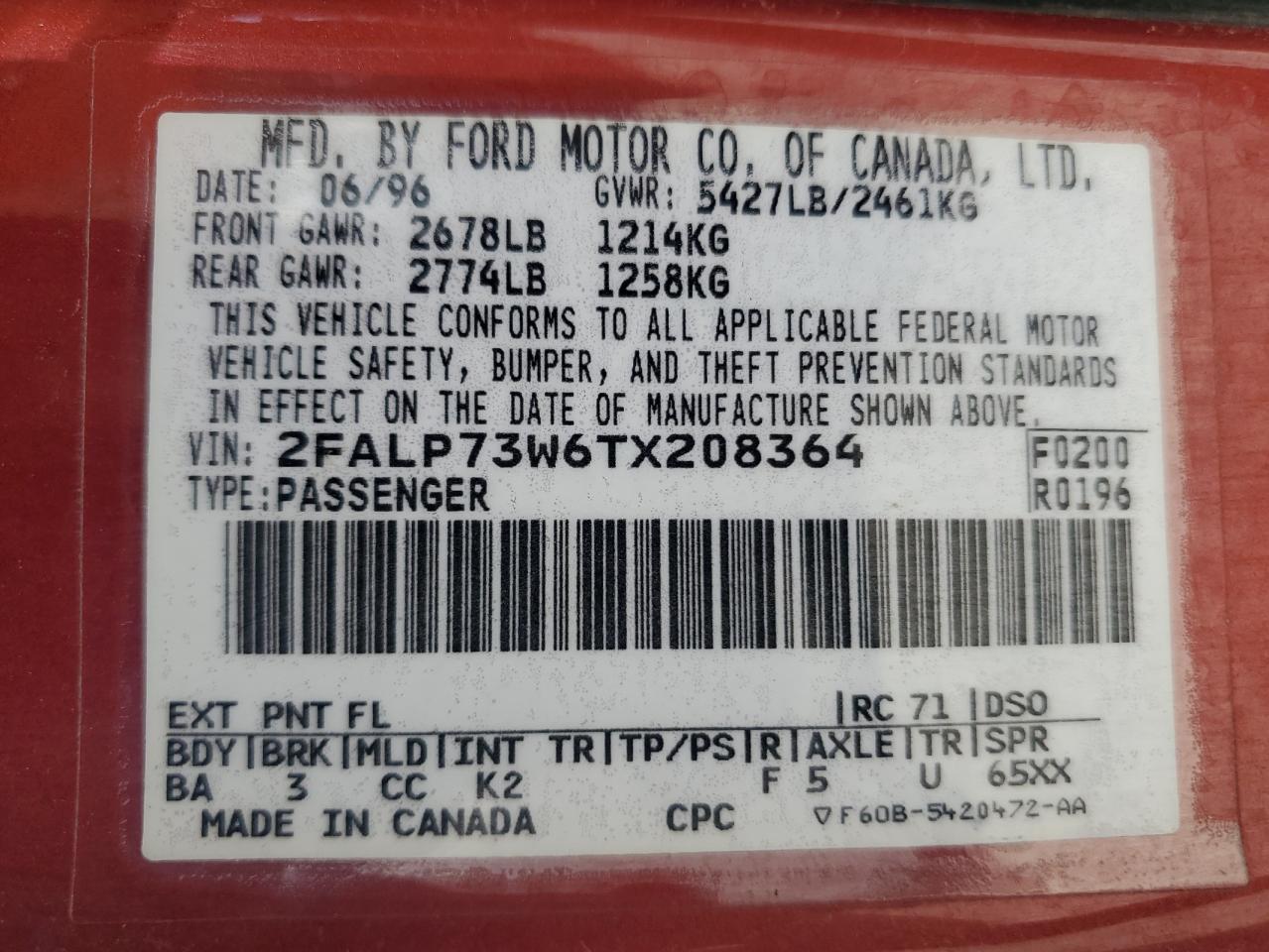 1996 Ford Crown Victoria VIN: 2FALP73W6TX208364 Lot: 61084094