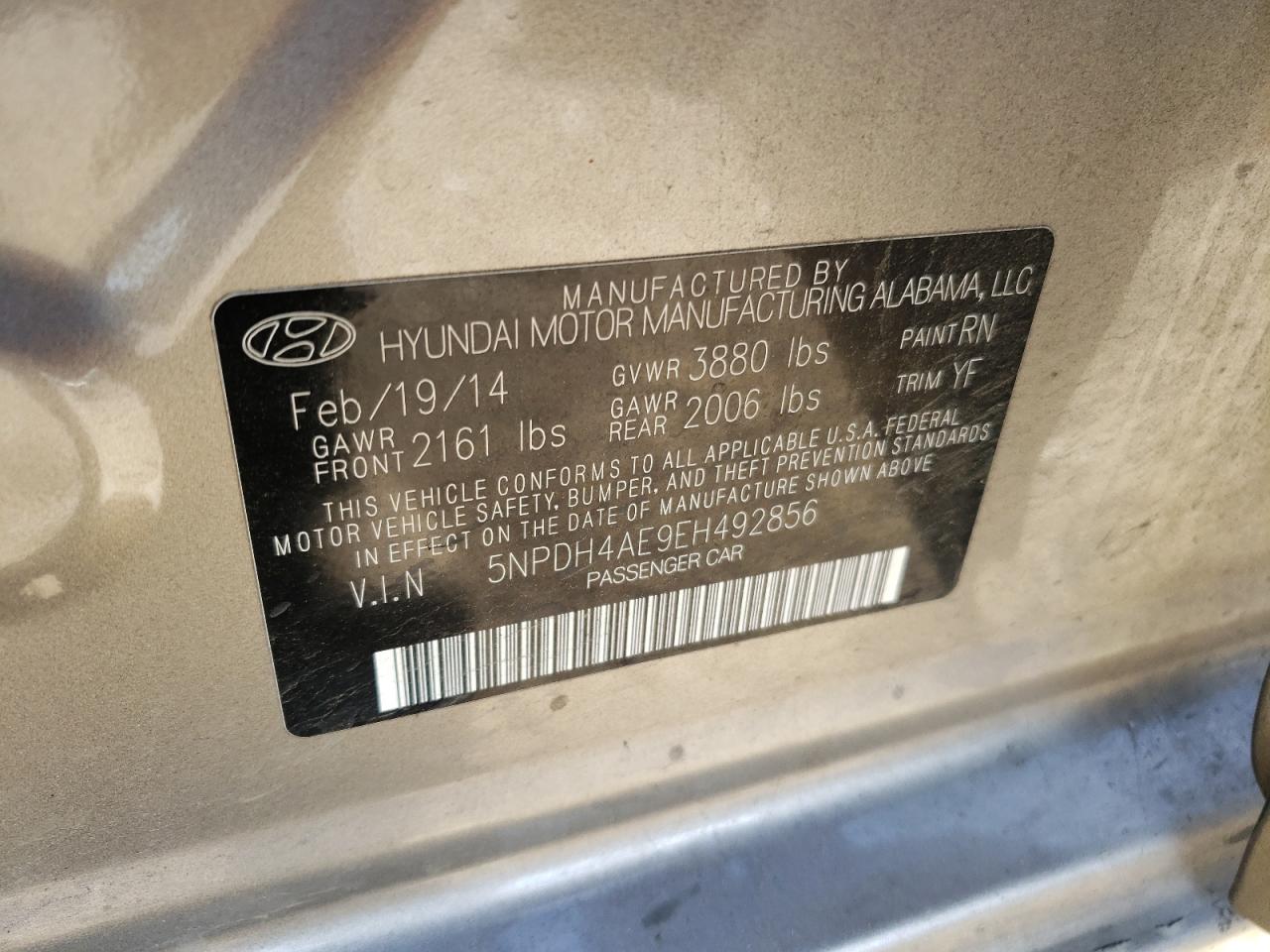 2014 Hyundai Elantra Se VIN: 5NPDH4AE9EH492856 Lot: 56744674