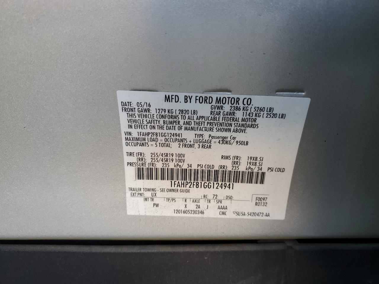 2016 Ford Taurus Limited VIN: 1FAHP2F81GG124941 Lot: 59360944