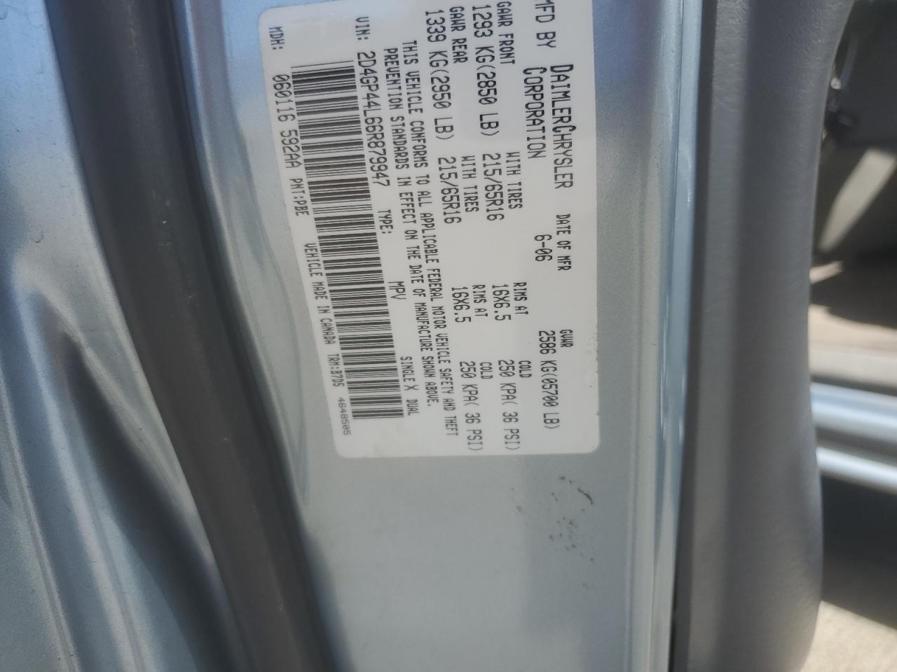 2006 Dodge Grand Caravan Sxt VIN: 2D4GP44L66R879947 Lot: 60484964